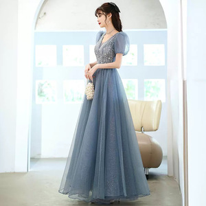 Women's Evening Gown Blue V-neck Empire Waist Ball Gown Chiffon Vintage Fashionable Host Performance Dress - Product Image 3