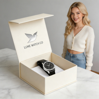Boîte à montre pliable beige personnalisée, boîte cadeau rigide magnétique avec insert en mousse pour l'emballage de montres de luxe, logo personnalisé