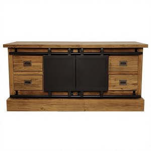 Industrial Wood Sideboard with Metal <b>Sliding</b> Barn <b>Doors</b> and 4 Drawers Buffet Storage <b>Cabinet</b> - Product Image 1