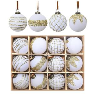 Boule de Noël en plastique rouge avec pompon, 8 cm, 12 pièces, décorations de Noël peintes à la main, paillettes floquées, perles - Product Image 5