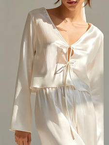 ชุดนอนผ้าไหมเทียมสีฟ้าอมแอปริคอตแบบเรียบง่ายสำหรับฤดูร้อน ชุดนอนเซ็กซี่นุ่มสบายสำหรับผู้หญิง - Product Image 4