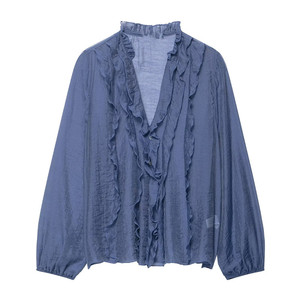 ZEVITY Camicia da donna <span class=keywords><strong>elegante</strong></span> con scollo a V e volant a cascata, design a tinta unita, in chiffon, a maniche lunghe, slim fit, chic - Product Image 5