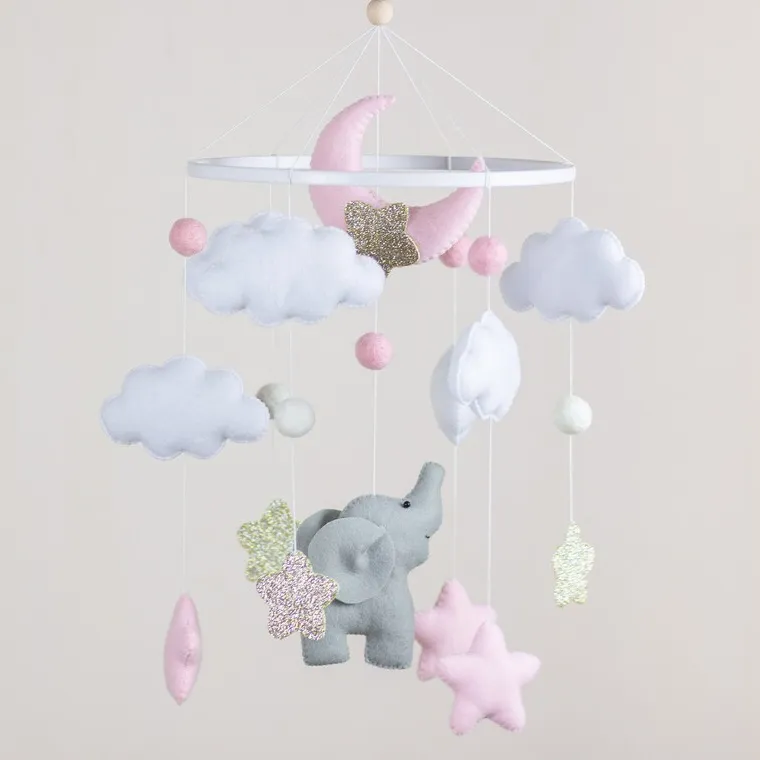 Cuna de fieltro para fiesta de baby shower, cuna móvil de elefante, luna, estrella, techo, anillo de madera, fieltro, móvil para bebé