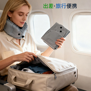 Almohada de viaje en forma de U para el cuello, inflable, portátil, gris claro y azul claro, 28x24x10cm, para viajes de negocios en avión - Product Image 3