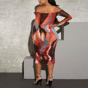 Robe de maternité personnalisée pour femme, sexy, imprimé marbré, manches courtes, épaules dénudées, coupe trapèze, longueur midi, décontractée, respirante, pour club - Product Image 3