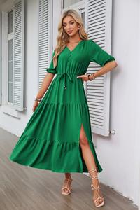 Price Deep V Neck Short Sleeve Boho <b>Dress</b> Solid High Waist Slit A-Line Flowy Drawstring <b>Dress</b> Club Party Evening Maxi <b>Dress</b> - Product Image 5