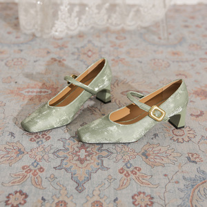 Satin Mary Jane Shoes Square Toe <b>Block</b> Heel Buckle Strap Med Heel All Seasons Women's Pumps High Heeled Shoes - Product Image 1