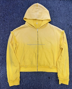เสื้อฮู้ดดี้โอเวอร์ไซส์แบบซิป ขอบดิบ ตัดเย็บพิเศษสำหรับผู้ชาย สีเหลือง 450gsm ผ้าเฟรนช์เทอร์รี่ สตรีทแวร์ ขอบดิบ ตัดสั้น - Product Image 1