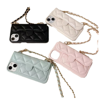 Étui de luxe en cuir losange pour iPhone 16 Pro, coque de protection antichoc en PC avec porte-cartes et bandoulière pour 15 Max, 14 Plus, 12