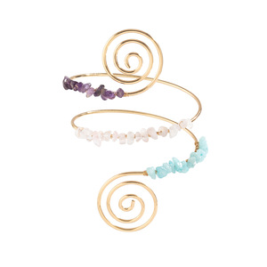 Spiral Beaded Metal Arm Cuff with Natural Semi-Precious Stones Bohemian Upper Arm Bracelet - Product Image 2