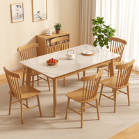 Table à manger nordique en bois massif avec plateau en pierre frittée, structure en bois d'hévéa, table de cuisine rectangulaire pour la maison et l'appartement