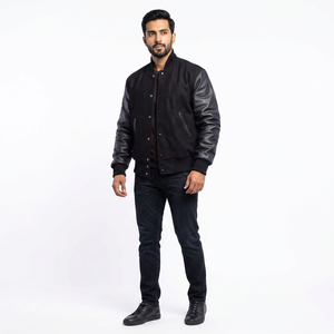 Oversize Black FINER THREADS Men's Varsity <b>Jacket</b> Cotton Sleeves High Quality Fabric Breathable Stand Collar <b>Fleece</b> <b>Lined</b> Winter - Product Image 1