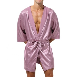 <strong>Mens</strong> Open Front Hooded Night-robe Satin Silk <strong>Pajama</strong> <strong>Set</strong> Belted Kimono Half Sleeve Bathrobe Sleepwear - Product Image 4