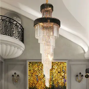Luxury Modern Long LED Crystal Chandelier Pendant Light For Hotel Hall Villa Lobby Church Lounge Gold Black