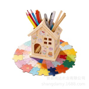 Portalápices de madera con forma de casa, organizador de escritorio, caja para brochas de maquillaje, artículos de estudio, adorno decorativo - Product Image 3