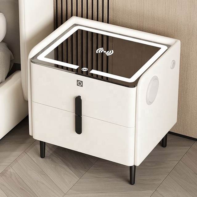 Wholesale USB Wireless Charging Smart Bedside Table Fingerprint Lock Storage Cabinet Smart Led Nightstand With Speaker