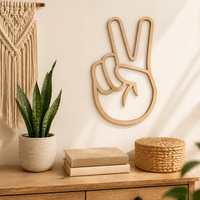 Décoration murale en bois en forme de signe de la paix, découpe laser ajourée, art mural gestuel bohème, vente en gros OEM, art mural signe de la paix