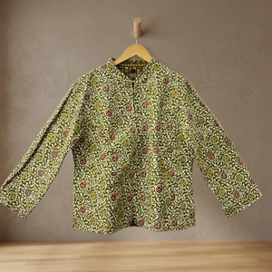 Women's Autumn Cotton <b>Quilted</b> Jacket With Paisley Print Mandarin Collar Full Sleeve Regular Length <b>Single</b> Button Closure - Product Image 3