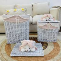 Lot de 4 paniers à linge en saule naturel avec décor en peluche Sac intérieur lavable Style quotidien sûr pour les enfants en osier