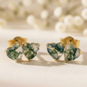 Green Moss Agate Heart <b>Stud</b> Earrings Natural Gemstone In 925 <b>Sterling</b> <b>Silver</b> Or 18K Gold Filled Dainty Minimalist Elegant Jewel - Product Image 4