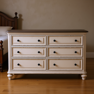 Comò Tradizionale a 6 Cassetti, Bianco Antico con Top Marrone, Arredamento Camera da Letto in Legno Massello, Autoportante - Product Image 2