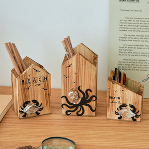Wooden Crab Pen Holder Square Shape Uv Printing Beach Theme Office <b>Desk</b> Decor Gift - Product Image 1