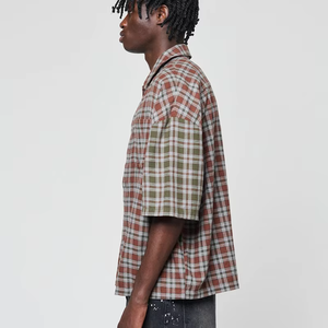 Chemise en flanelle à carreaux à manches courtes pour homme, 100% coton, col rabattu, t-shirts en coton 100%, chemise en flanelle brodée - Product Image 2