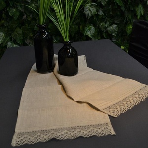 Rustic Linen Table Runner With Lace Trim Natural Color Woven Home Decor - Product Image 1