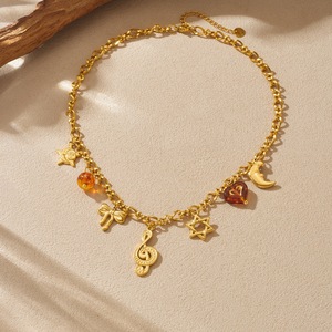 Gold Plated Stainless Steel Necklace With Musical Note Bow Star Moon Charms For Gift Fashion Jewelry N3889 - Product Image 3