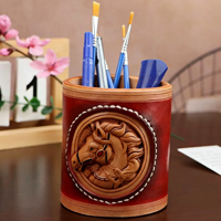Porte-stylo rectangulaire en cuir véritable tanné végétal fait main Weilei, motif cheval sculpté, style antique - Décoration de bureau rétro pour le rangement professionnel