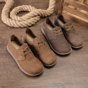 Zapatos Retro de Hombre de Cuero Vacuno con Cordones, Punta Redonda, Suela de Goma Transpirable, Estilo Casual Cómodo para Caminar, Color Sólido - Product Image 1