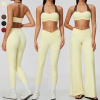 Ensemble de sport color block pour femme : Soutien-gorge de sport dos nu, Legging de yoga taille haute à coupe croisée en V, Pantalon large – Tenue d'entraînement et de fitness