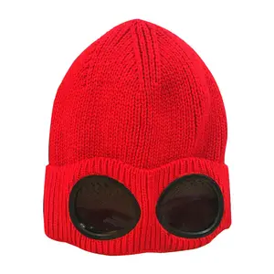 ファッション冬ユニセックススキーマスクビーニー帽子プラスチックガラスインナーフリース屋外暖かいニットイヤーフラップ帽子ゴーグル付き