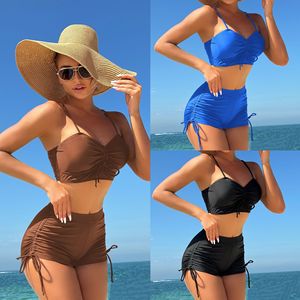 European American New Style Solid Color Two-Piece <b>Conservative</b> Boxer Briefs Mid-Length Pants Side Bikinis Beachwear - Product Image 2