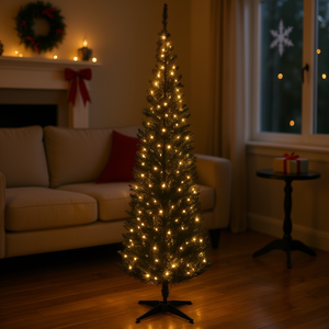 Árbol de Navidad Artificial Delgado Preiluminado de 6 Pies con Luces LED Blanco Cálido, Base Negra, Árbol Tipo Lápiz, Decoración Navideña para Interiores - Product Image 2