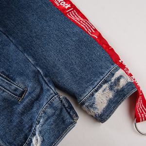 New Arrival Mens Hiphop Jeans <b>Jacket</b> Blue Black <b>Jacket</b> With <b>Red</b> Side Stripes Ripped <b>Denim</b> Coat Distressed Bomber Solid <b>Jacket</b> - Product Image 5