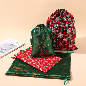 Sacs cadeaux de Noël Dry Power en tissu à motif bambou avec cordon de serrage, 30x40, 20x30, 15x20, motif arbre estampé or, pour rangement de cadeaux - Product Image 1