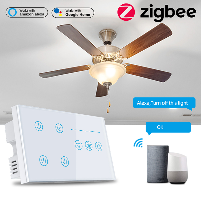 For Zigbee Smart Wall Switch 4 Gang 10A PC Fan Speed Control Glass Panel Compatible Alexa Google Home App Voice Control
