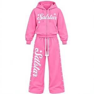 Conjunto de Sudadera con Cremallera Rosa y Pantalones Anchos para Mujer, Chándal Urbano Bordado Personalizado, Venta al por Mayor, Conjunto de 2 Piezas para Mujer - Product Image 1