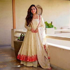 Ensemble Anarkali Moderne Brodé pour Femme, Salwar Kameez 2 Pièces en Polyester/Coton, Manteau Long et Dupatta, Tenue de Cérémonie/Fête de Mariage - Product Image 1