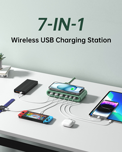 Magnetic Wireless <b>Charger</b> with 3 USB-A and 3 USB-C Ports Fast Charging for Smart Watch and 15W wireless Output Plastic White - Product Image 4