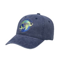 Casquette de baseball unisexe 5 panneaux en coton délavé et vieilli, brodée avec motif globe, visière incurvée, style décontracté à motif dessin animé