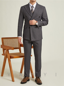 Conjunto de traje de lana barato para hombre, chaqueta de doble botonadura, pantalón frontal plano, trajes de solapa con visera para hombre - Product Image 2