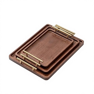 Ensemble de plateaux de service en bois de luxe avec poignées en laiton, plateaux rectangulaires pour aliments, plateaux gigognes pour la décoration de la maison - Product Image 1