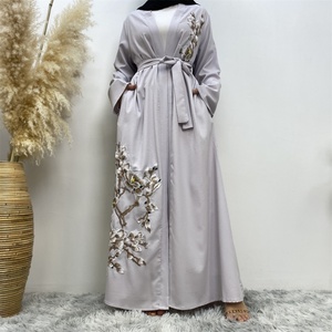 1717# Fashionable Embroidered Floral Applique Open Abaya Long Sleeve Crepe Dubai Abayas <b>Cardigan</b> With Side Pockets 2 Colors - Product Image 5
