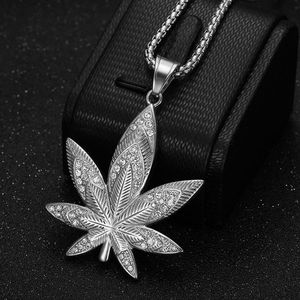 Collier avec pendentif feuille d'érable en acier inoxydable avec strass, bijoux Hip Hop unisexe, cadeau pour hommes et femmes - Product Image 3