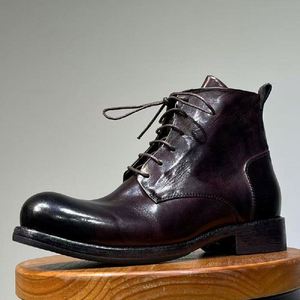 Bottes en cuir délavé rétro pour hommes, style anglais, à lacets, à bout épais, pour l'été, l'hiver et l'automne - Product Image 4