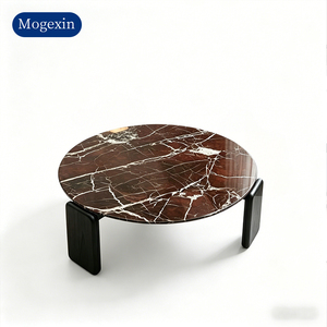 Elegant Modern Living Room Coffee Table Round Natural Marble <b>Top</b> with Wide <b>Solid</b> <b>Wood</b> Leg Center Tea Table - Product Image 6