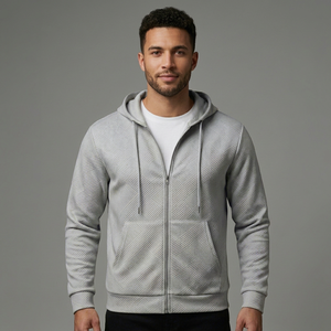 Veste à capuche zippée pour homme avec logo personnalisé, sweat-shirt texturé confortable avec poche avant pour un usage quotidien - Product Image 1
