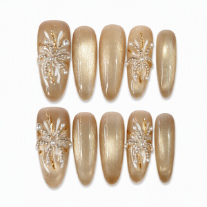 Faux ongles personnalisés faits à la main, dorés, pailletés, perlés, floraux, couvrants, 10 pièces pour doigts - Product Image 1